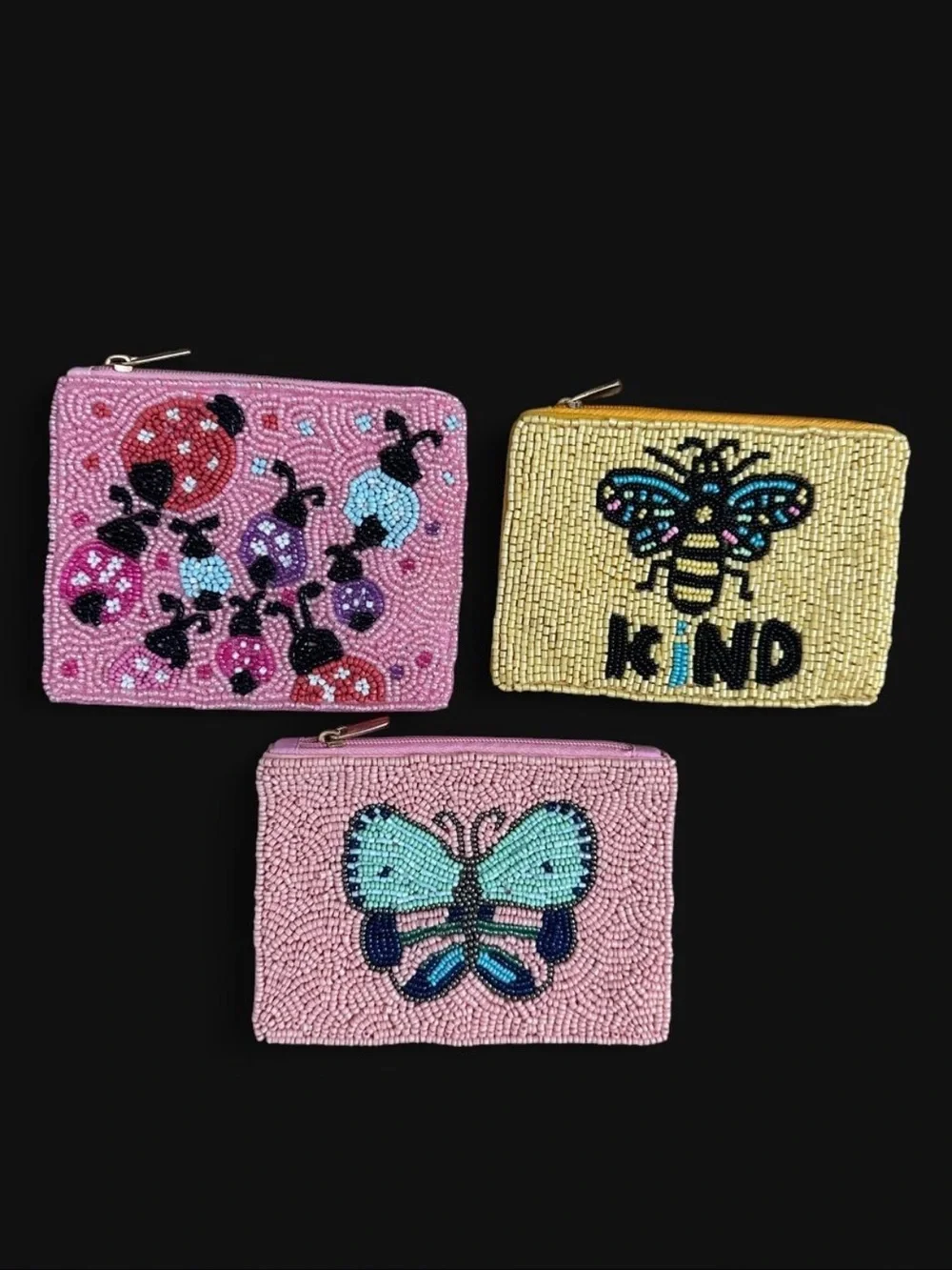 🦋Beaded Butterfly, ladybug & Bee Coin Pouches- Pink & Yellow
